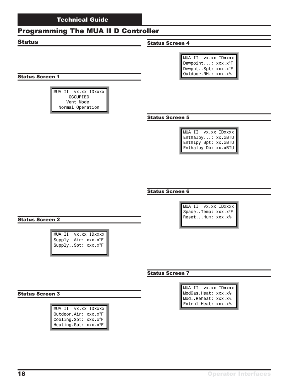 Programming the mua ii d controller, Technical guide operator interfaces 18 status | Orion System MUA II D Controllers Operator Interfaces User Manual | Page 18 / 24