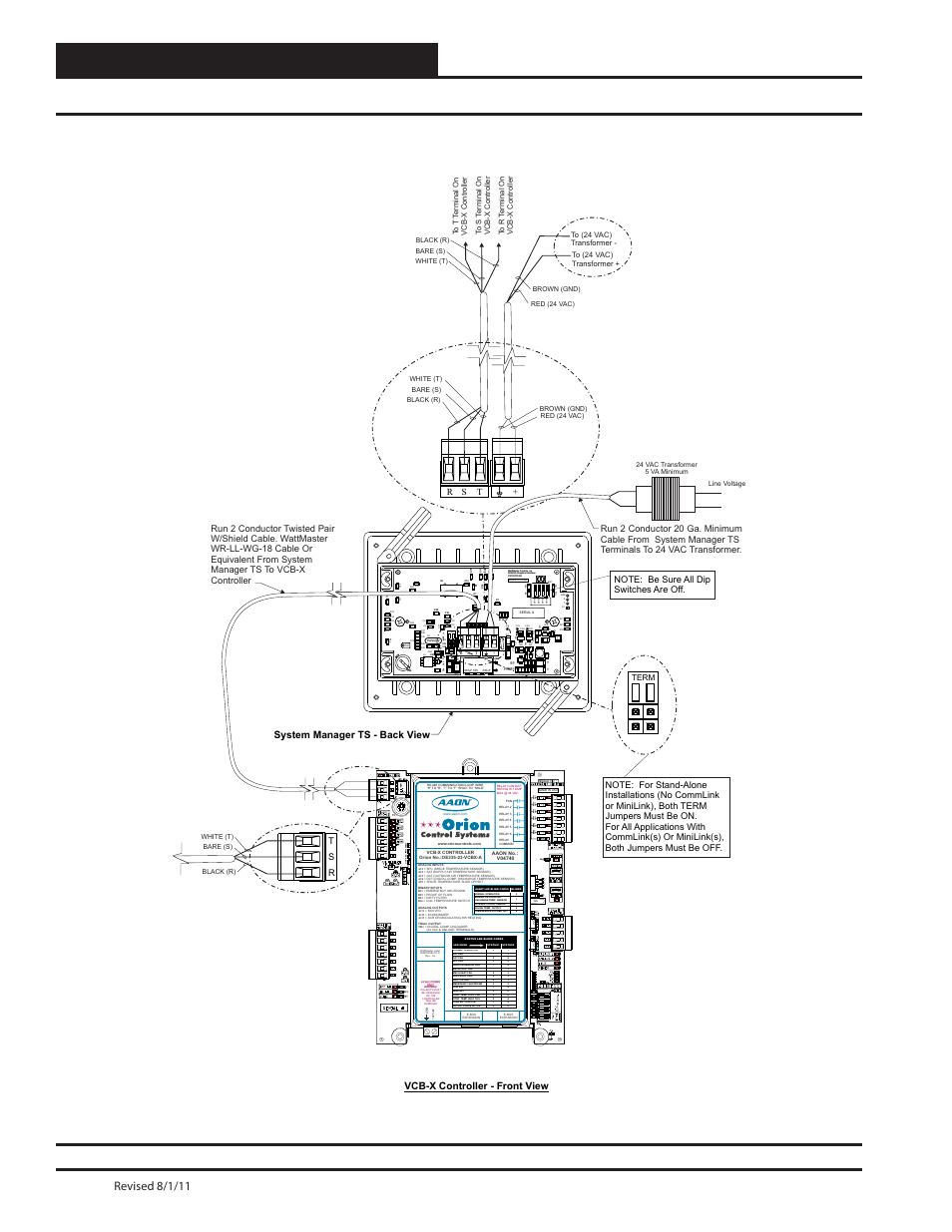 Components and wiring, Smts to vcb-x controller wiring, Smts technical guide 10 | 1 u f, Revised 8/1/11, Vcb-x controller - front view, System manager ts - back view | Orion System OE392-10 System Manager TS User Manual | Page 10 / 80