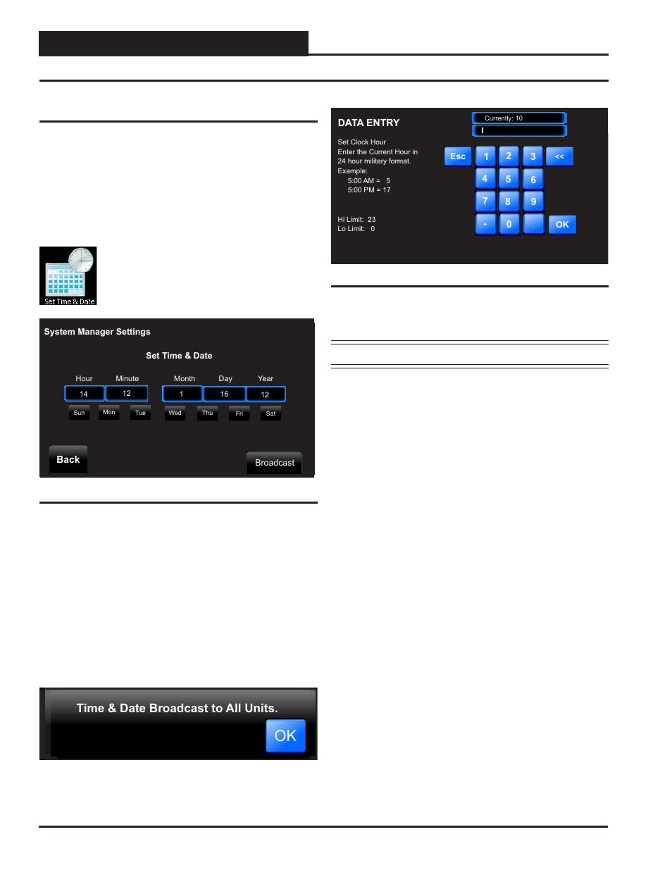 Main screen functions, Setting the system clock, Smts technical guide 16 | Set time and date, Zone, Time & date broadcast to all units | Orion System OE392-10 System Manager TS User Manual | Page 16 / 80