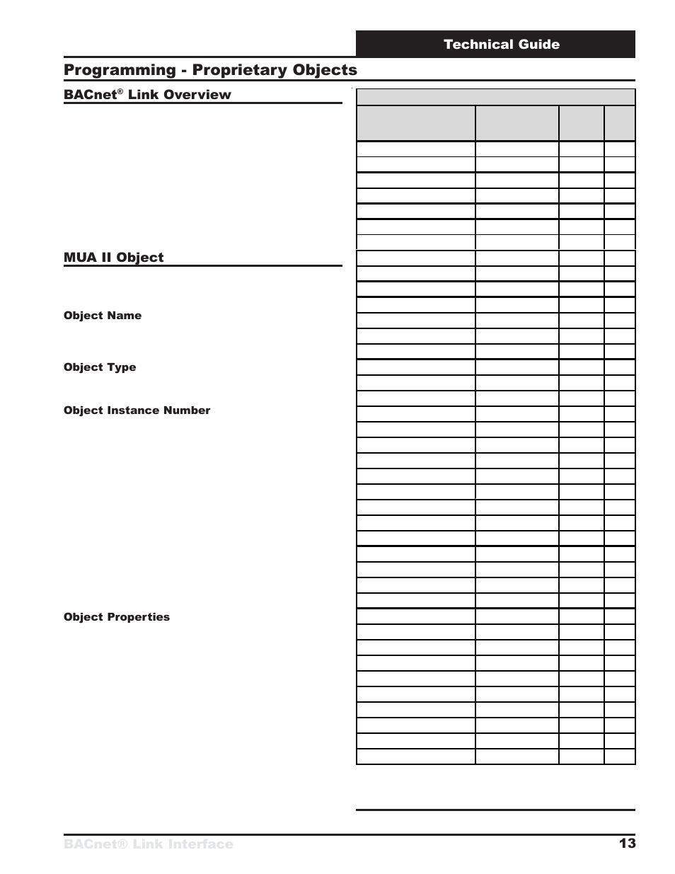 Programming - proprietary objects, Bacnet® link interface technical guide 13, Bacnet | Link overview, Mua ii object, Object name, Object type, Object instance number, Object properties, Table 7: mua ii object properties | Orion System BACnet Link User Manual | Page 13 / 24