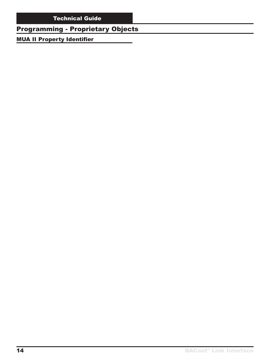 Programming - proprietary objects, Technical guide bacnet, Link interface 14 | Mua ii property identifier | Orion System BACnet Link User Manual | Page 14 / 24