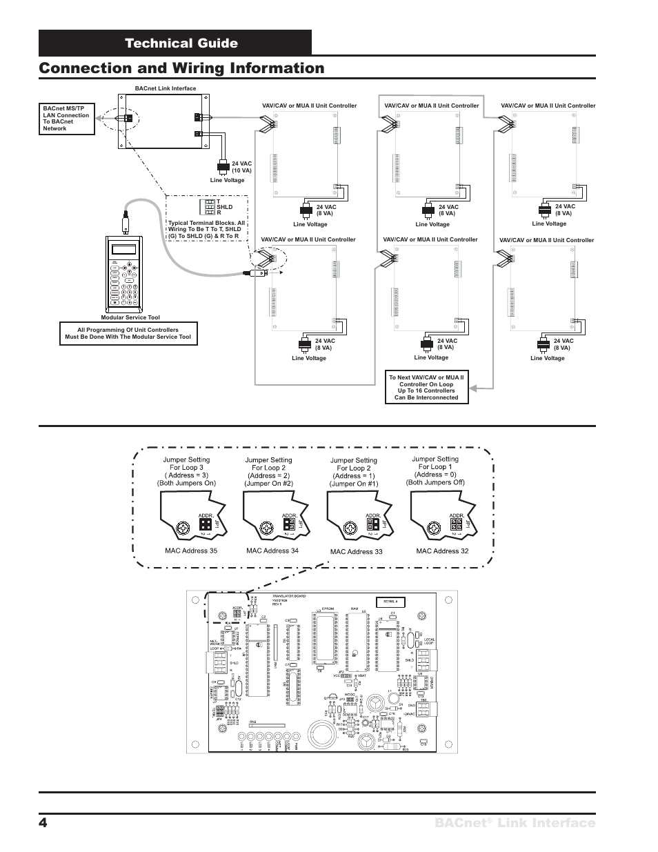 Connection and wiring information, Technical guide bacnet, Link interface 4 | Figure 2: bacnet, Link interface wiring figure 3: bacnet, Link interface address switch setting, Mode selection enter clear esc prev next down up, Minus, Status setpoints schedules configuration alarms, Overrides balance - test | Orion System BACnet Link User Manual | Page 4 / 24