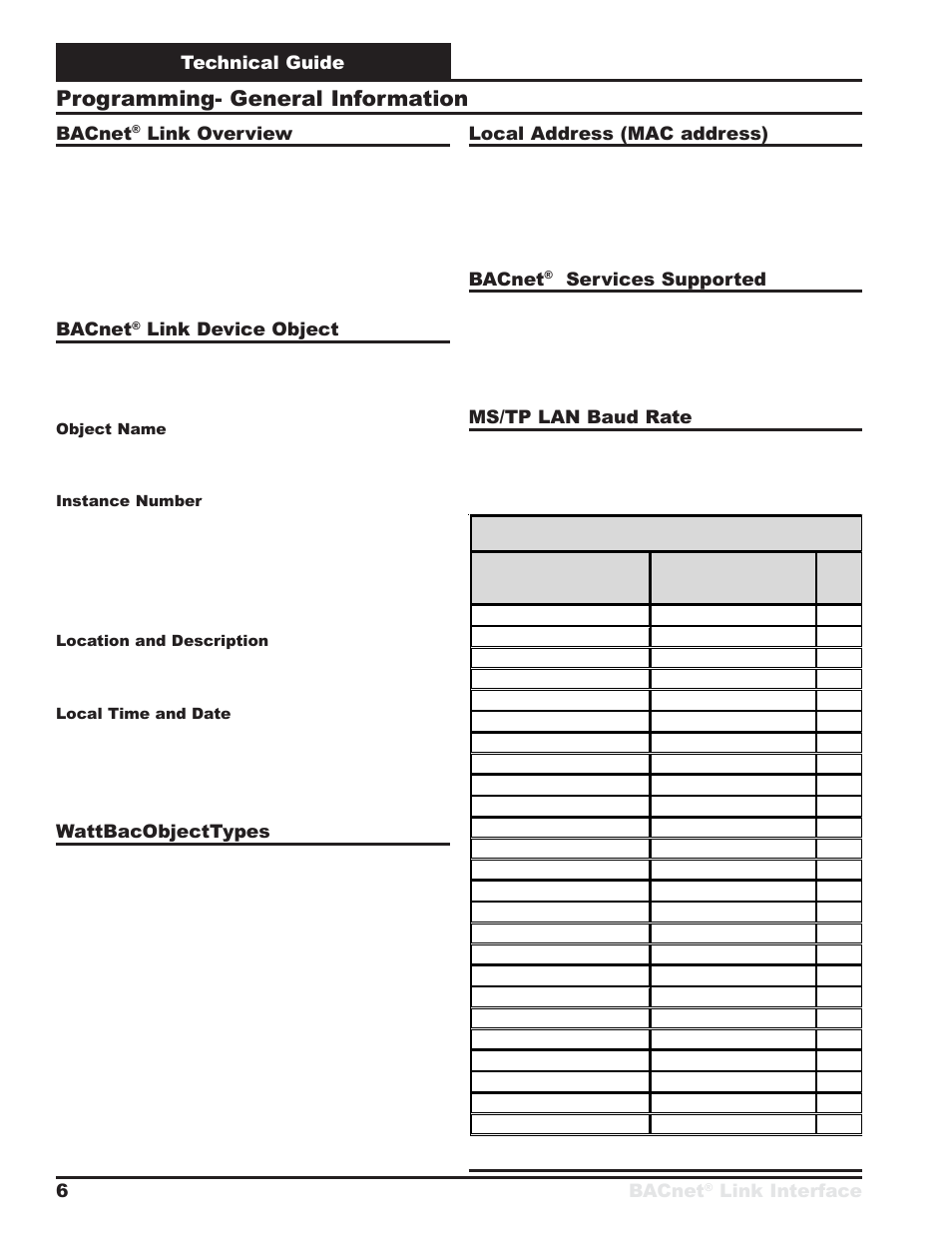 Programming- general information, Technical guide bacnet, Link interface 6 bacnet | Link overview, Bacnet, Link device object, Wattbacobjecttypes, Local address (mac address), Services supported, Ms/tp lan baud rate | Orion System BACnet Link User Manual | Page 6 / 24