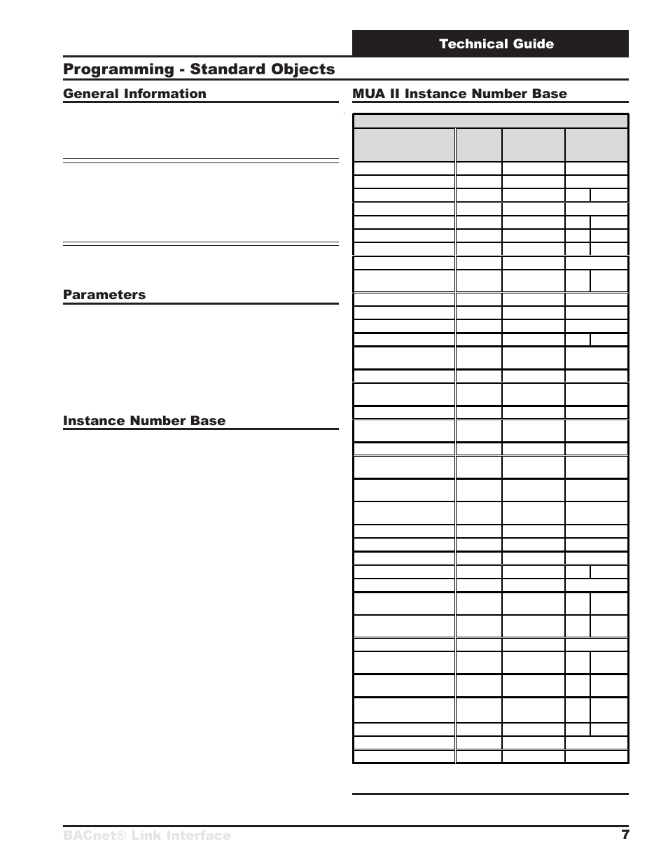 Programming - standard objects, Bacnet® link interface technical guide 7, General information | Parameters, Instance number base, Mua ii instance number base | Orion System BACnet Link User Manual | Page 7 / 24