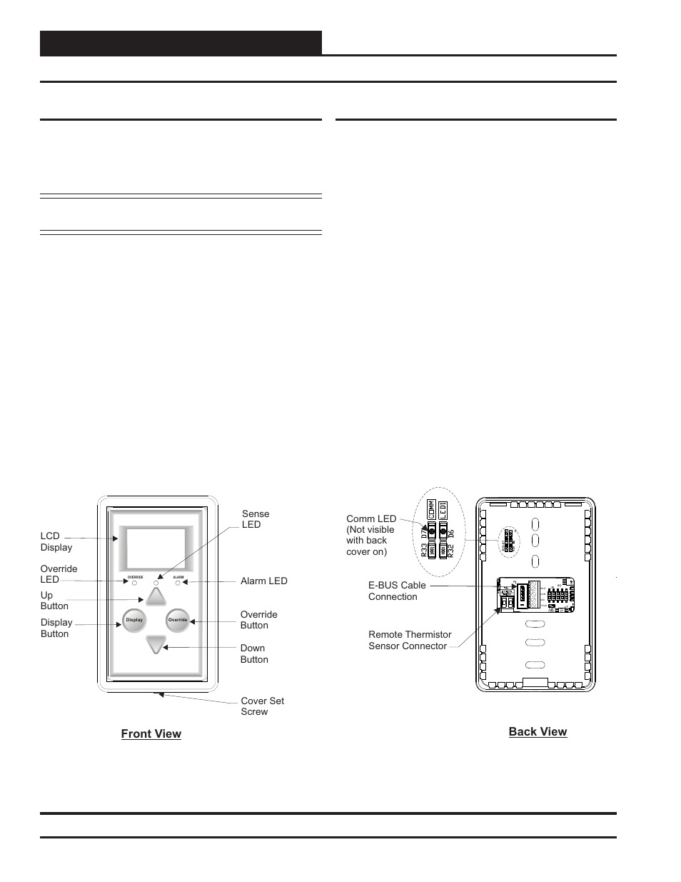 E-bus digital room sensor, Basic operation, Operator interface 4 | Sensor operation, Led operation, Back view, Front view, Figure 3: e-bus digital room sensor components | Orion System E-BUS Digital Room v.1 User Manual | Page 4 / 16