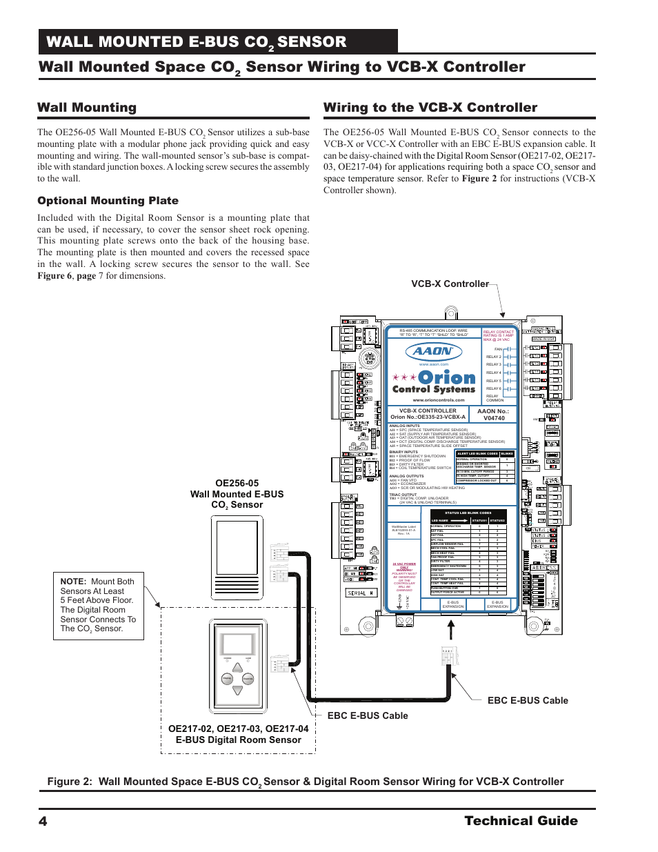 Wall mounted e-bus co, Sensor, Wall mounted space co | Sensor wiring to vcb-x controller, Technical guide 4, Wall mounting, Wiring to the vcb-x controller, Figure 2: wall mounted space e-bus co, Optional mounting plate, Ebc e-bus cable | Orion System OE256-05 Wall Mounted v.1 User Manual | Page 4 / 8