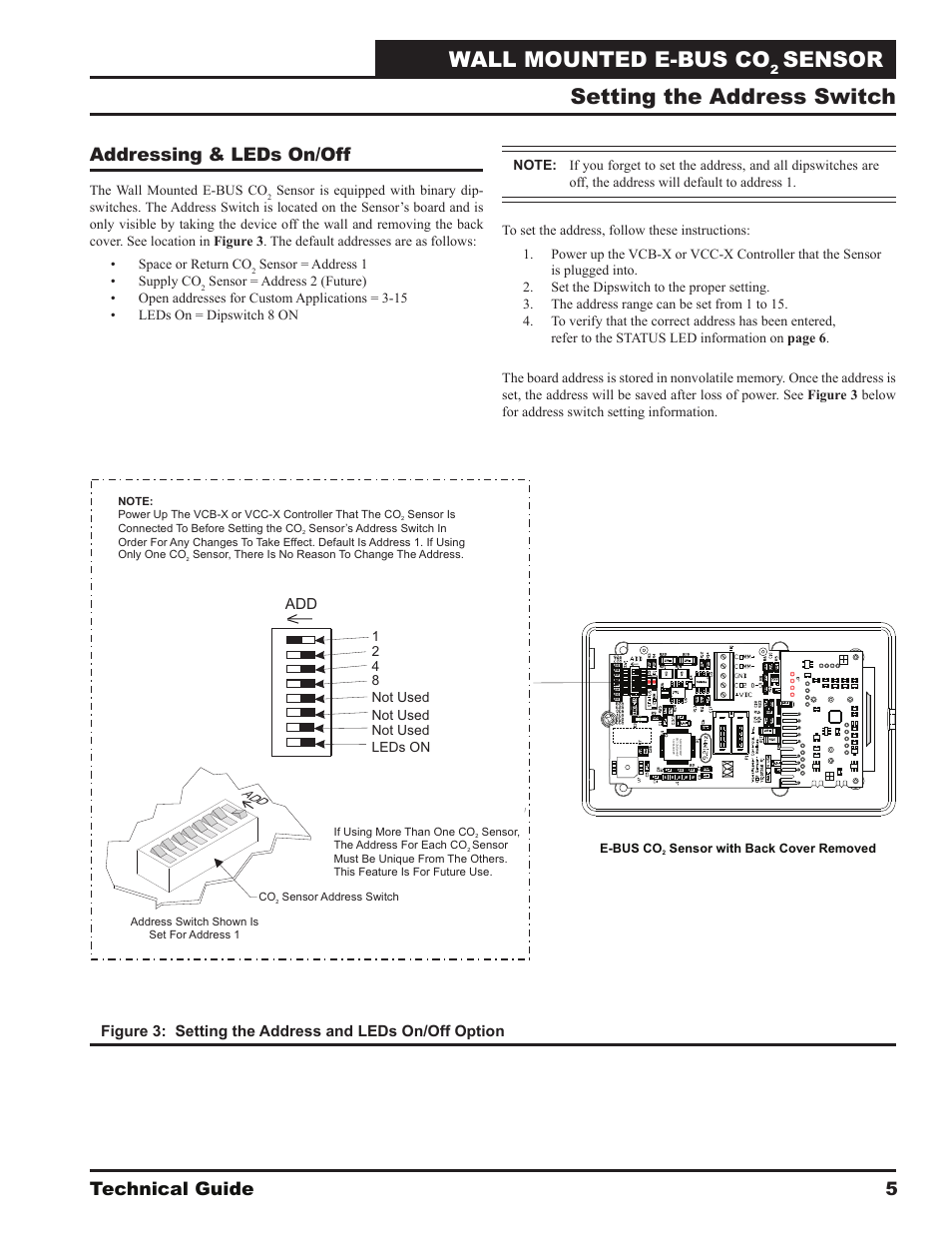 Wall mounted e-bus co, Sensor, Setting the address switch | Technical guide, Addressing & leds on/off | Orion System OE256-05 Wall Mounted v.1 User Manual | Page 5 / 8