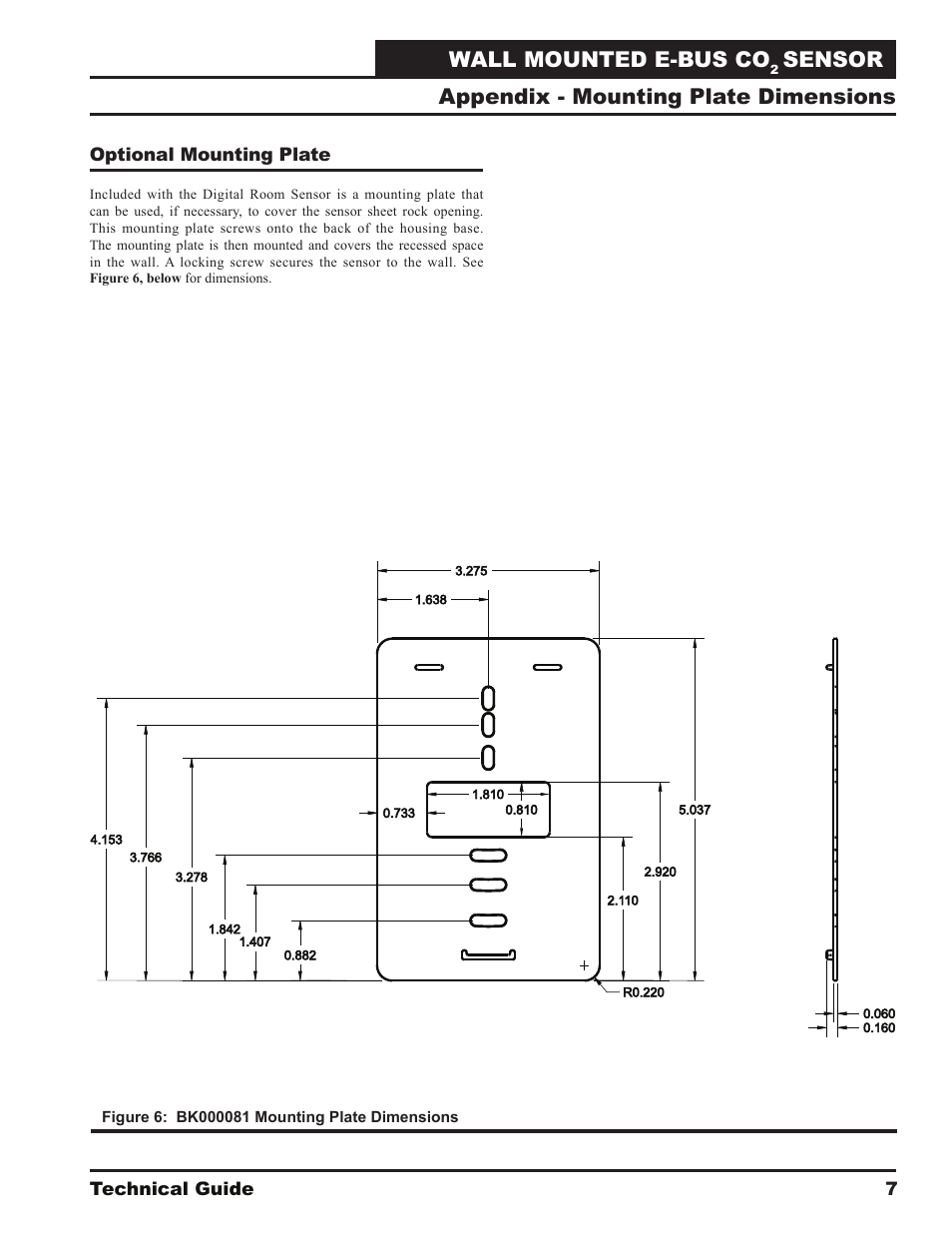 Wall mounted e-bus co, Sensor, Appendix - mounting plate dimensions | Technical guide, Optional mounting plate | Orion System OE256-05 Wall Mounted v.1 User Manual | Page 7 / 8