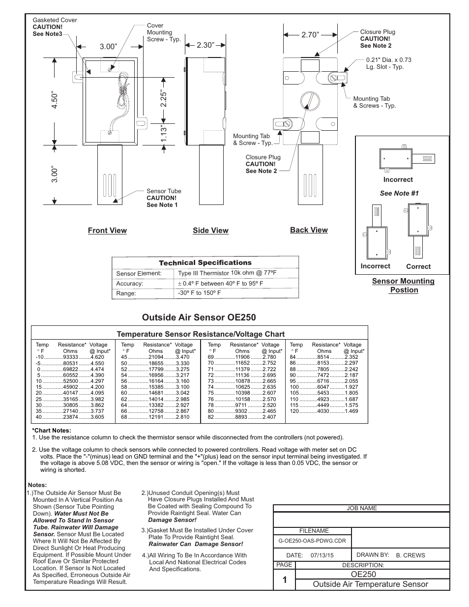 Outside air sensor oe250, Outside air temperature sensor, Oe250 | Orion System OE217-00 User Manual | Page 14 / 38