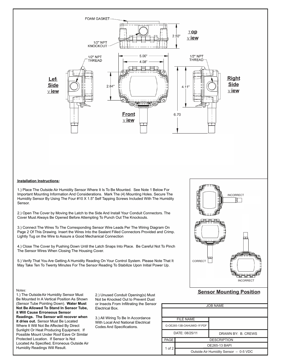 Sensor mounting position, Right side lef, Side | Iew front | Orion System OE217-00 User Manual | Page 18 / 38