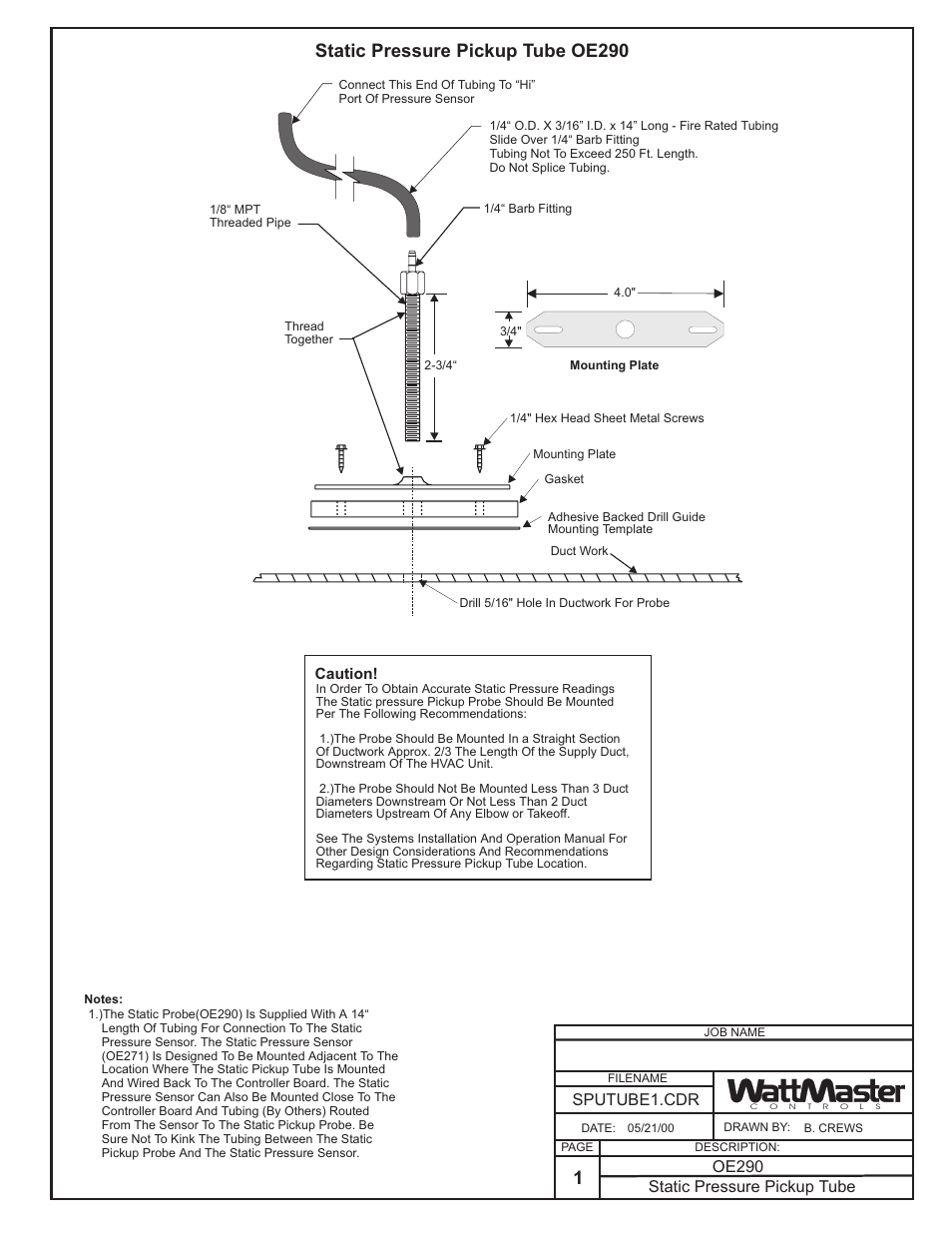 Static pressure pickup tube oe290, Static pressure pickup tube, Sputube1.cdr oe290 | Orion System OE217-00 User Manual | Page 28 / 38