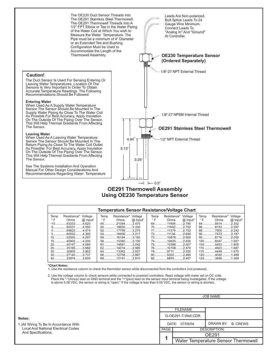 Water temperature sensor thermowell, Oe291 | Orion System OE217-00 User Manual | Page 29 / 38