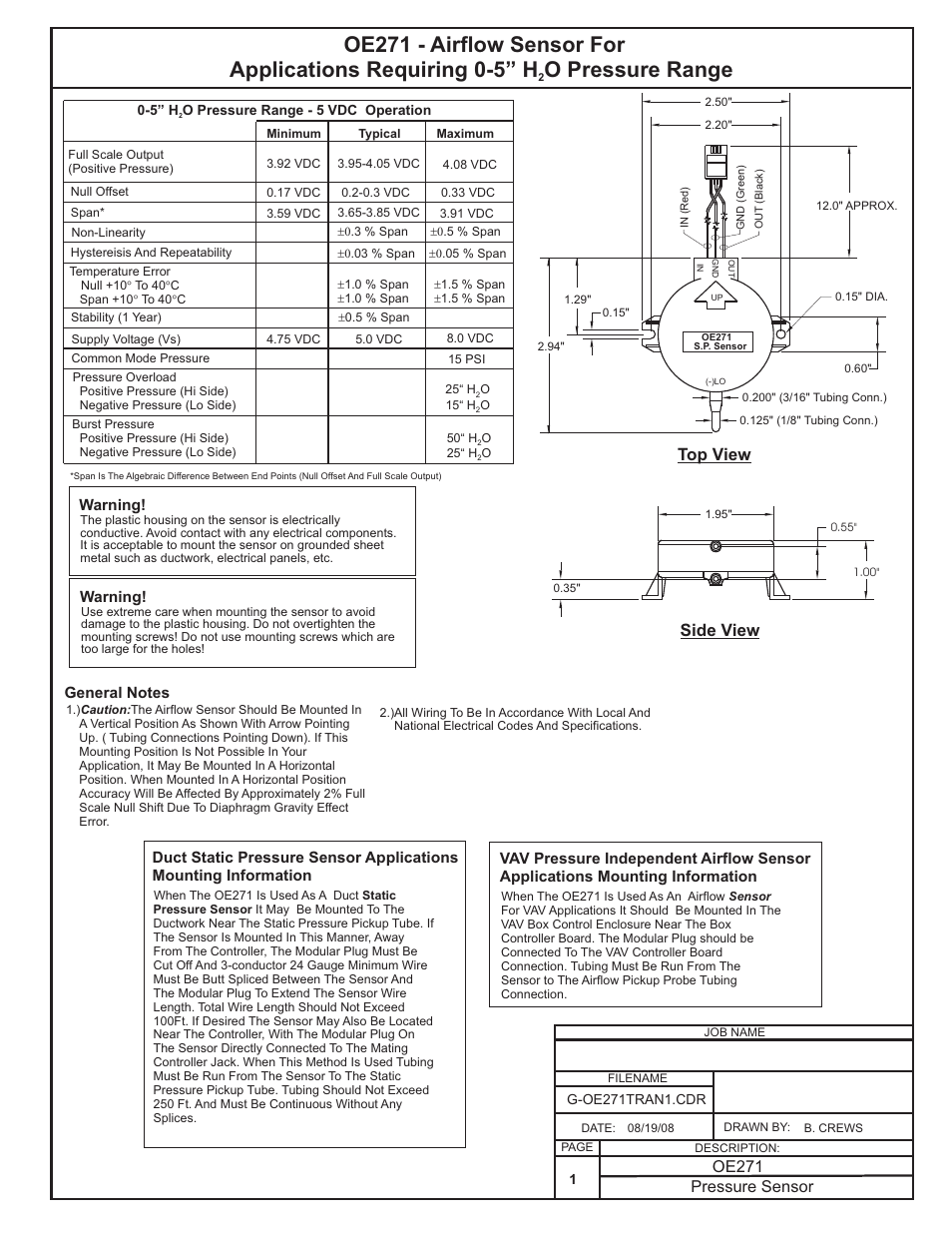 Airflow sensor, Top view side view, Pressure sensor | Oe271 | Orion System OE217-00 User Manual | Page 30 / 38