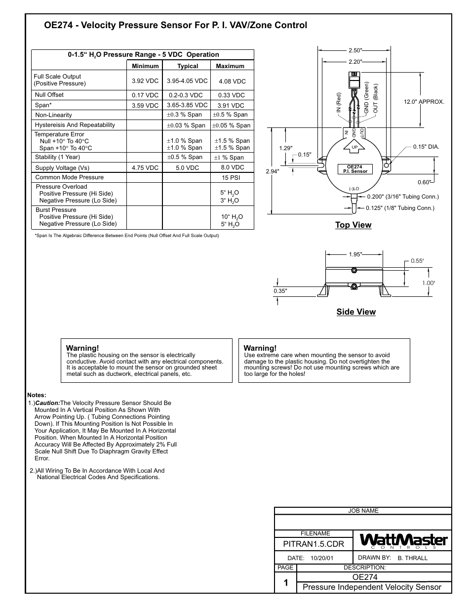 Top view side view, Pressure independent velocity sensor, Warning | Orion System OE217-00 User Manual | Page 31 / 38