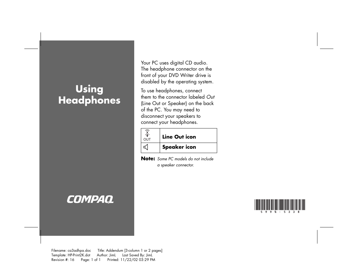 Compaq Headphones User Manual | 1 page