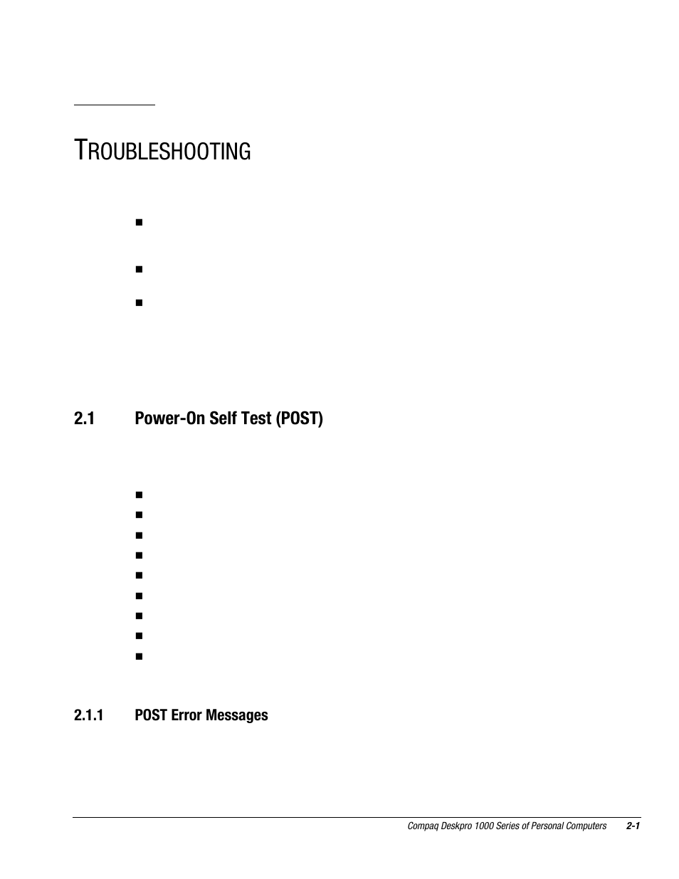 Troubleshooting, 1 power-on self test (post), Chapter | Roubleshooting | Compaq DESKPRO 1000 User Manual | Page 17 / 99