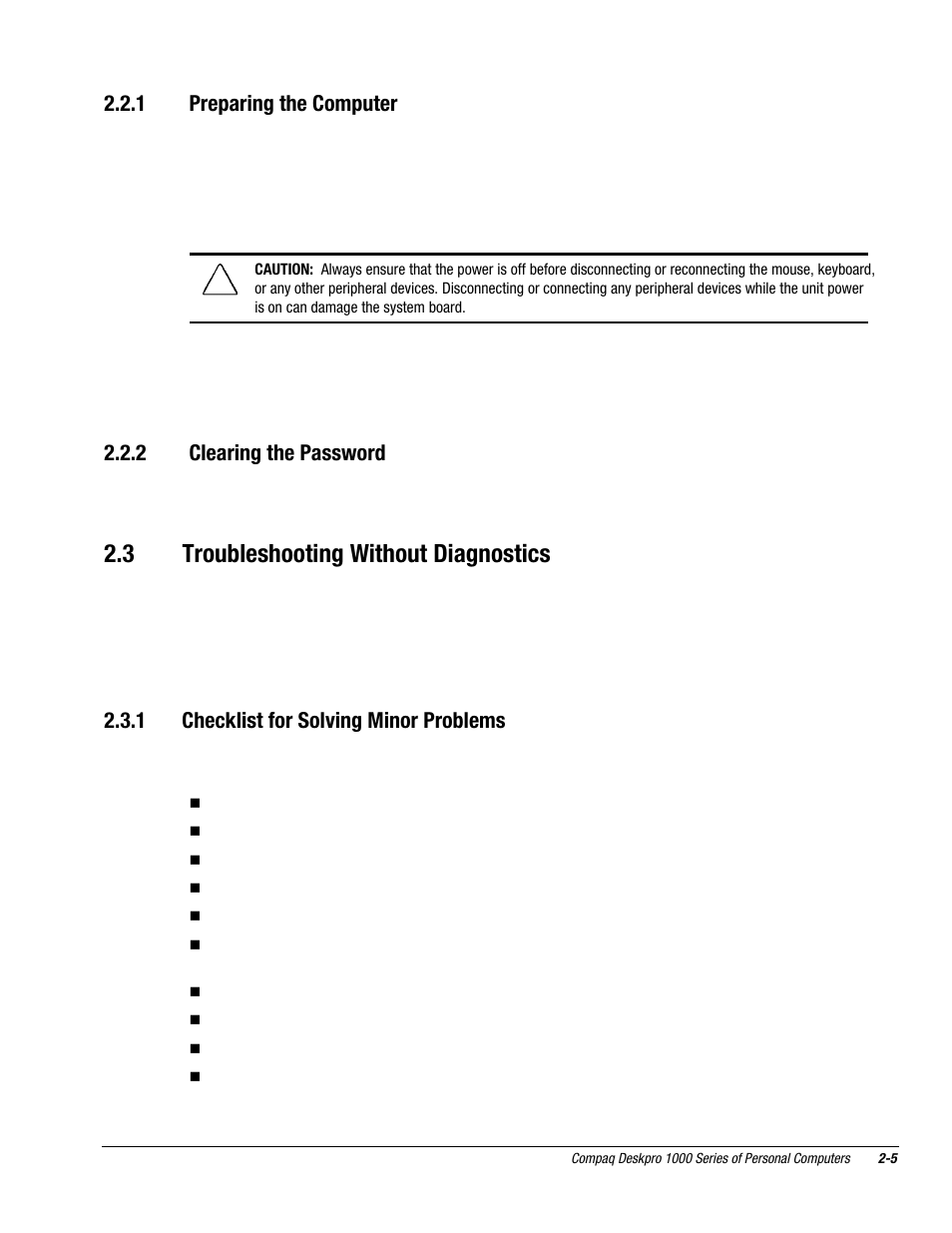 3 troubleshooting without diagnostics, 1 preparing the computer, 2 clearing the password | 1 checklist for solving minor problems | Compaq DESKPRO 1000 User Manual | Page 21 / 99