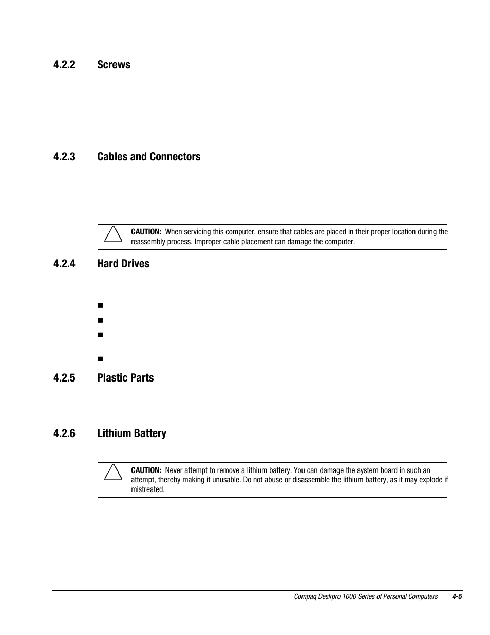 2 screws, 3 cables and connectors, 4 hard drives | 5 plastic parts, 6 lithium battery | Compaq DESKPRO 1000 User Manual | Page 42 / 99