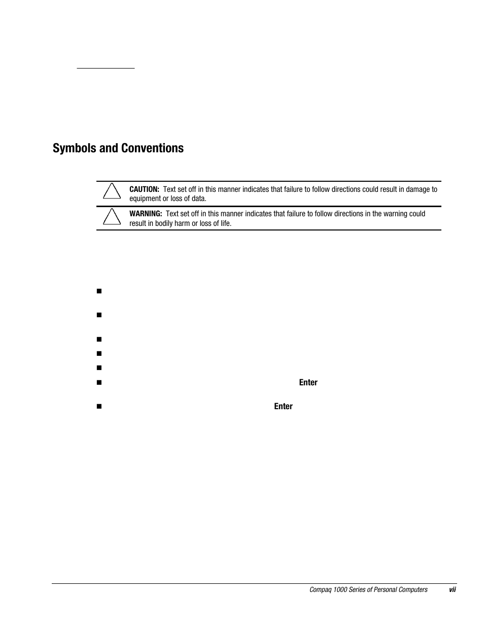 Symbols and conventions, Preface | Compaq DESKPRO 1000 User Manual | Page 7 / 99