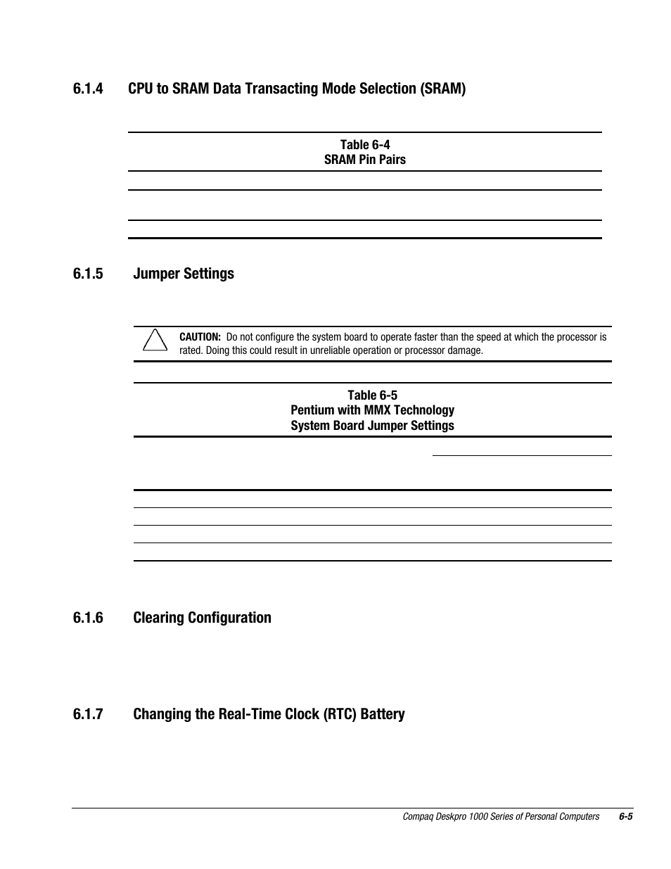 5 jumper settings, 6 clearing configuration, 7 changing the real-time clock (rtc) battery | Compaq DESKPRO 1000 User Manual | Page 74 / 99