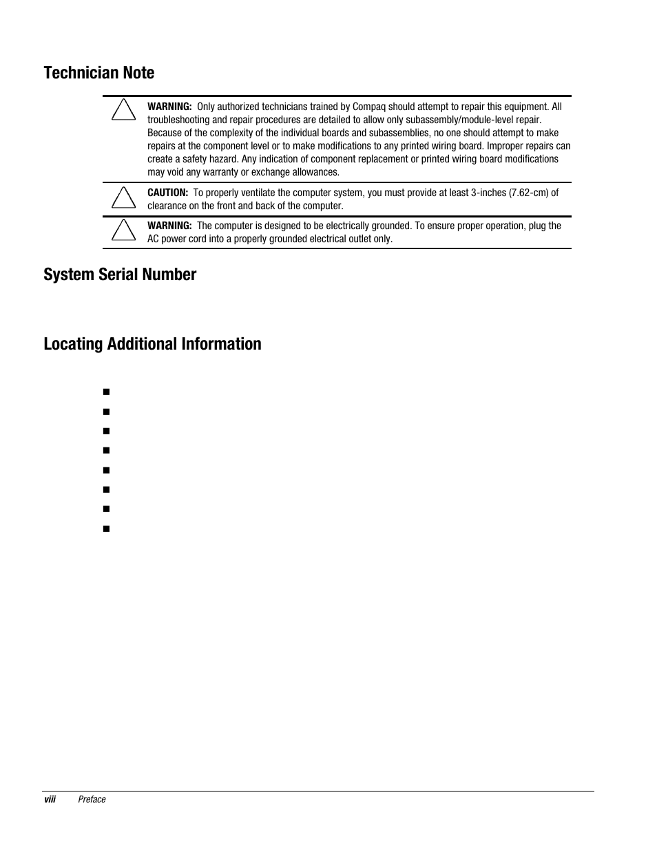Technician note, System serial number, Locating additional information | Compaq DESKPRO 1000 User Manual | Page 8 / 99