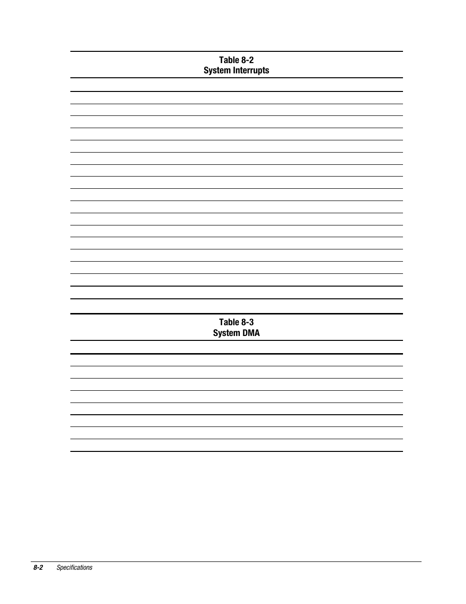 Table 8-2 system interrupts, Table 8-3 system dma | Compaq DESKPRO 1000 User Manual | Page 82 / 99