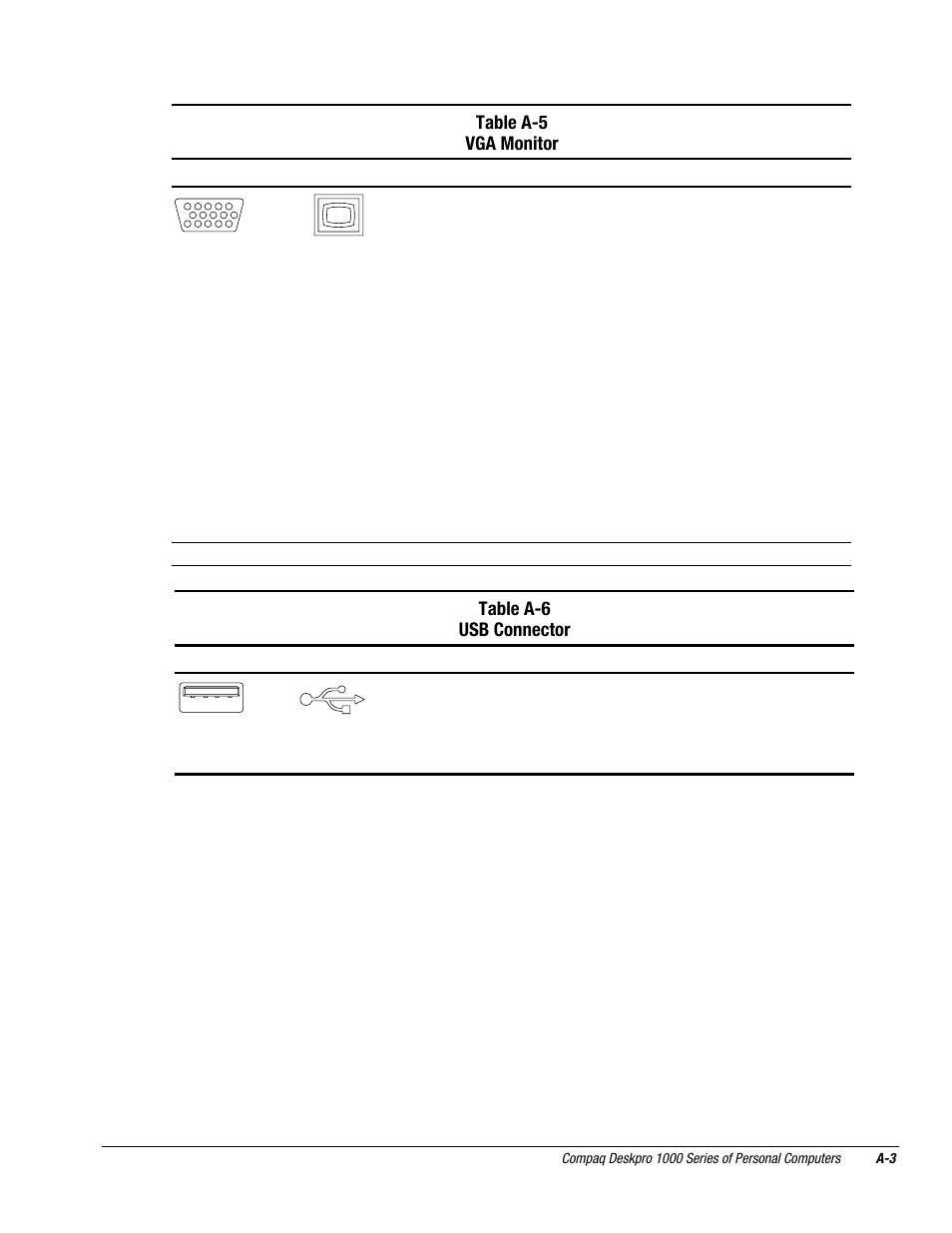 Table a-5 vga monitor, Table a-6 usb connector, Connector pin signal | For ddc support (i2c monitors) | Compaq DESKPRO 1000 User Manual | Page 91 / 99