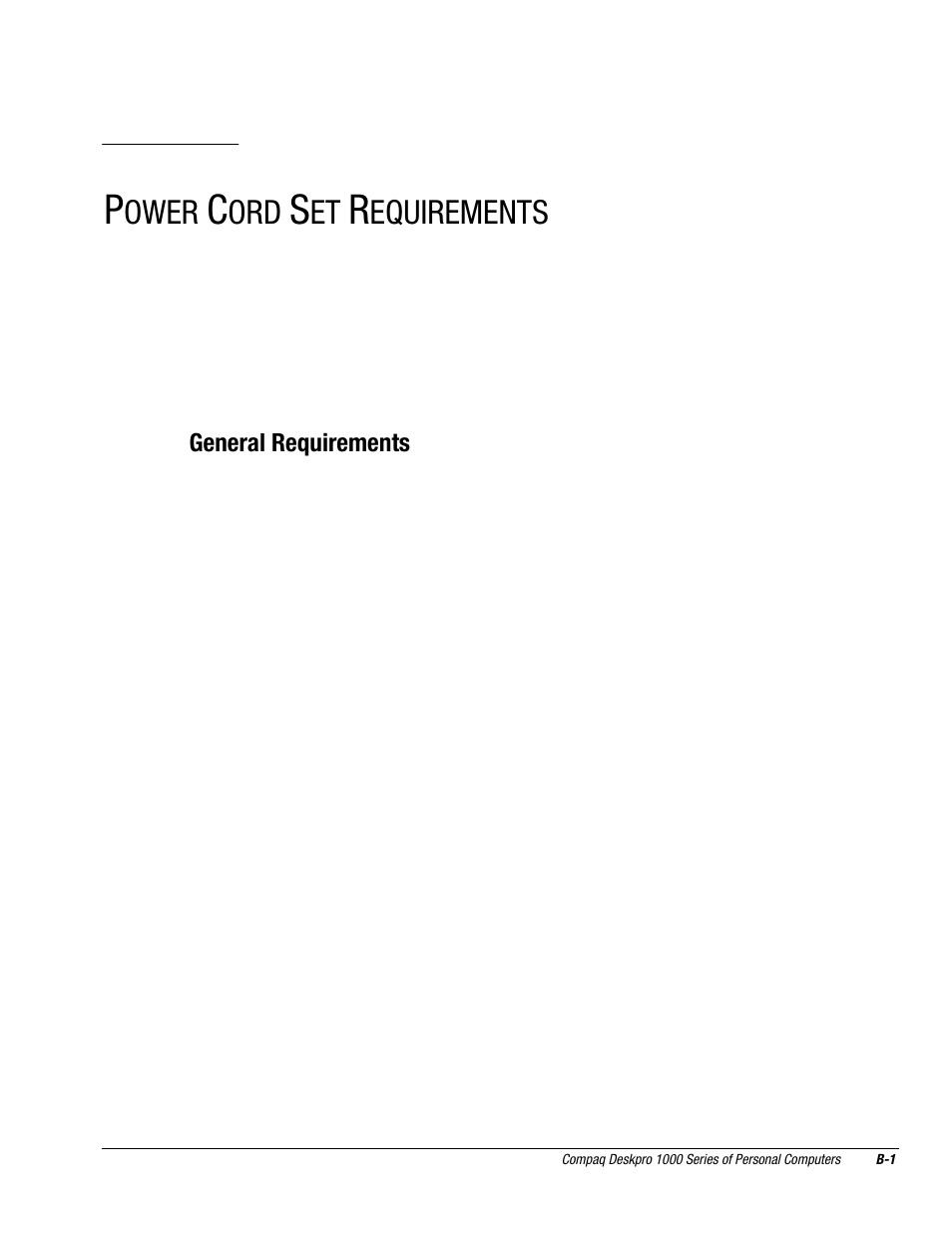 Power cord set requirements, Appendix, Ower | Equirements | Compaq DESKPRO 1000 User Manual | Page 93 / 99