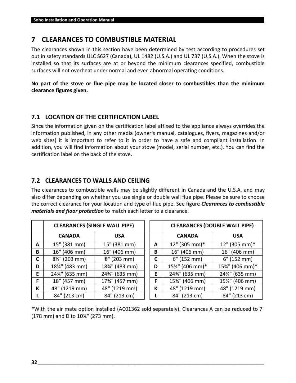 7clearances to combustible material | Osburn OB01520 User Manual | Page 32 / 64