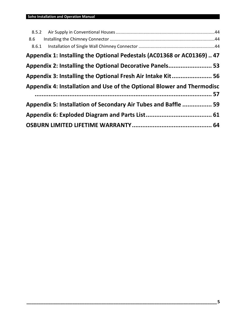 Appendix 6: exploded diagram and parts list, Osburn limited lifetime warranty | Osburn OB01520 User Manual | Page 5 / 64