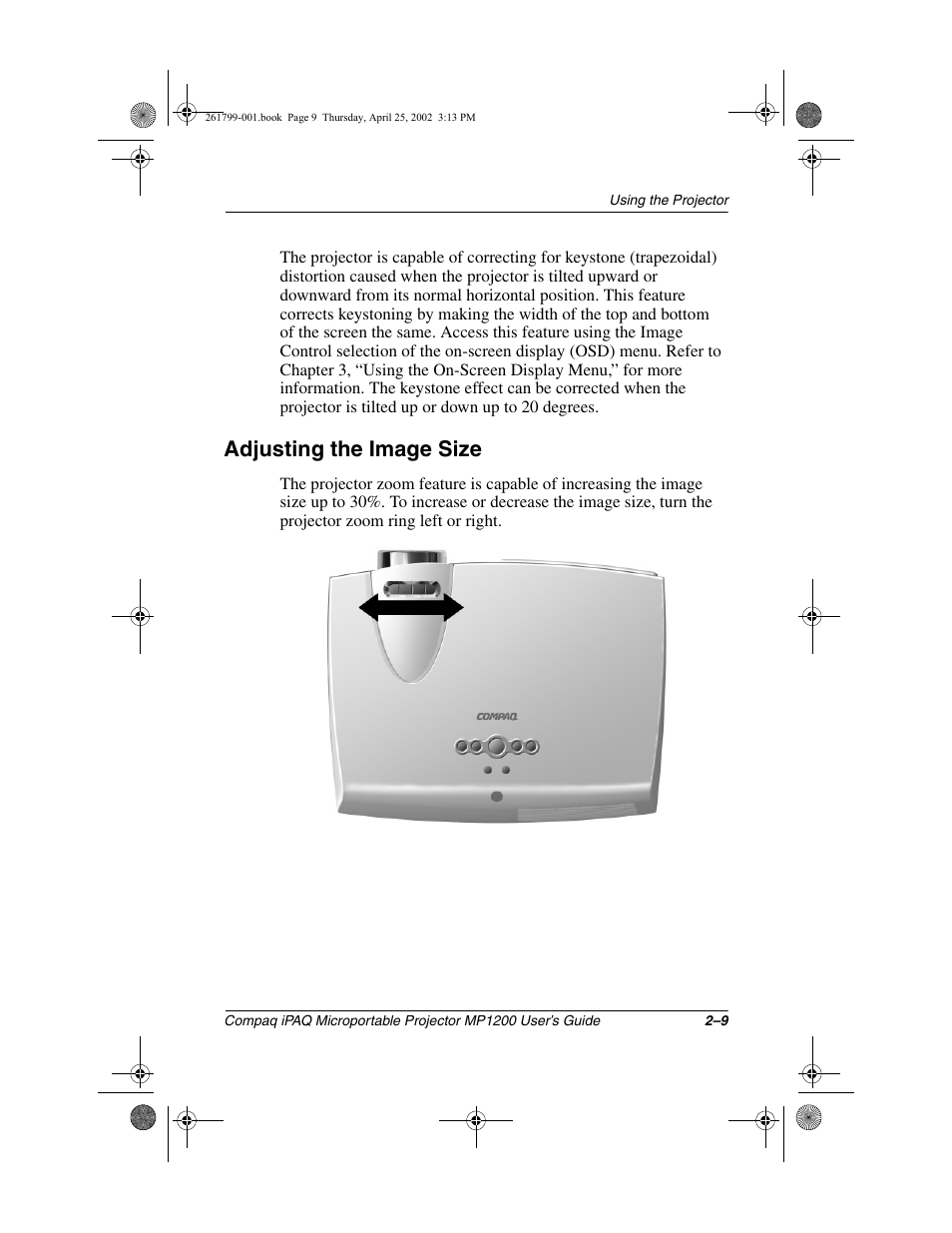 Adjusting the image size | Compaq MP1200 User Manual | Page 20 / 67