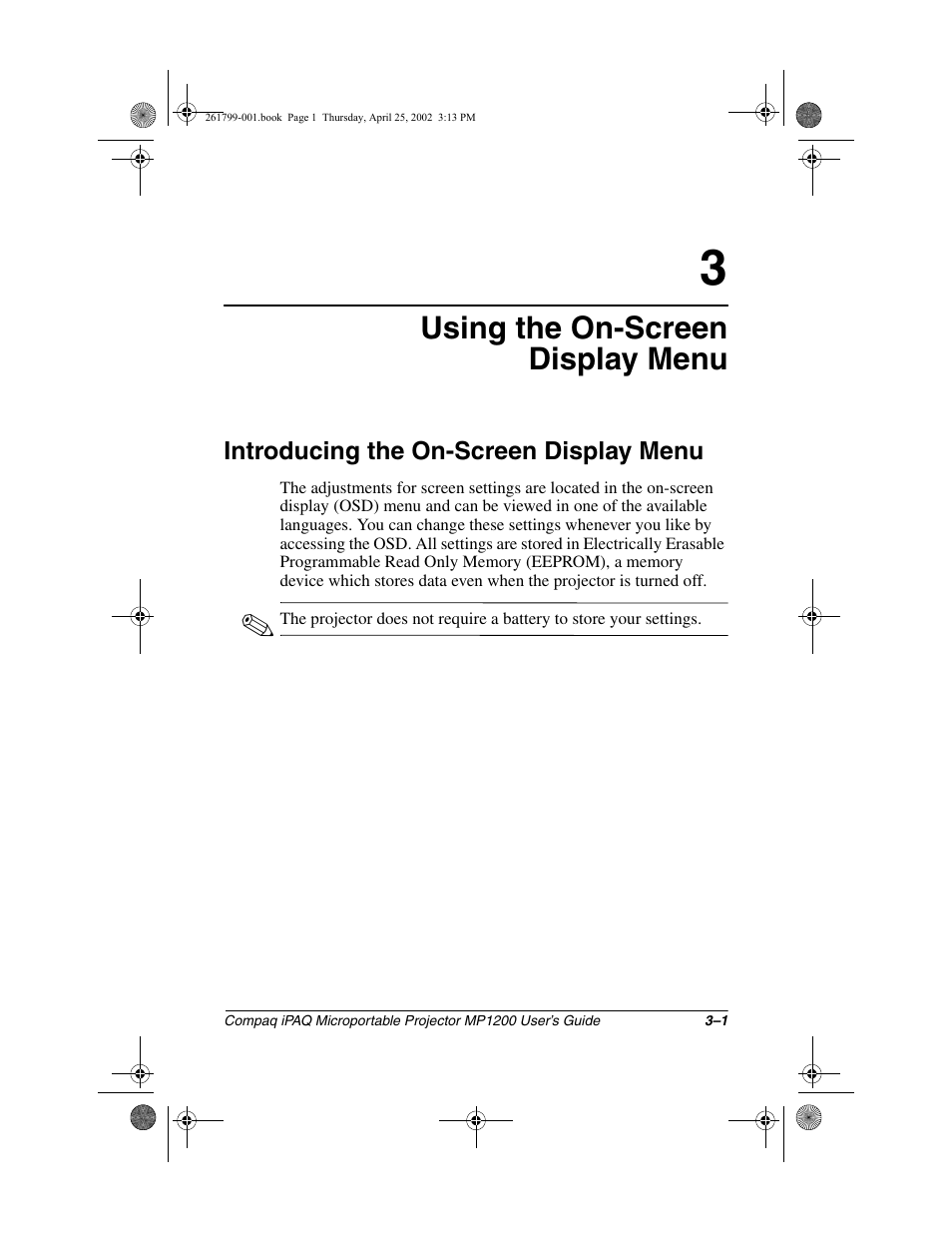 Using the on-screen display menu, Introducing the on-screen display menu | Compaq MP1200 User Manual | Page 23 / 67