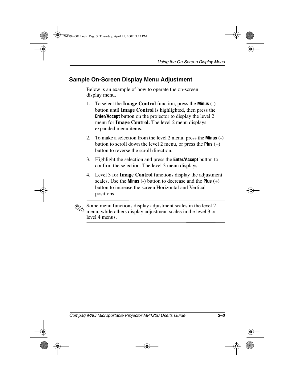 Sample on-screen display menu adjustment | Compaq MP1200 User Manual | Page 25 / 67