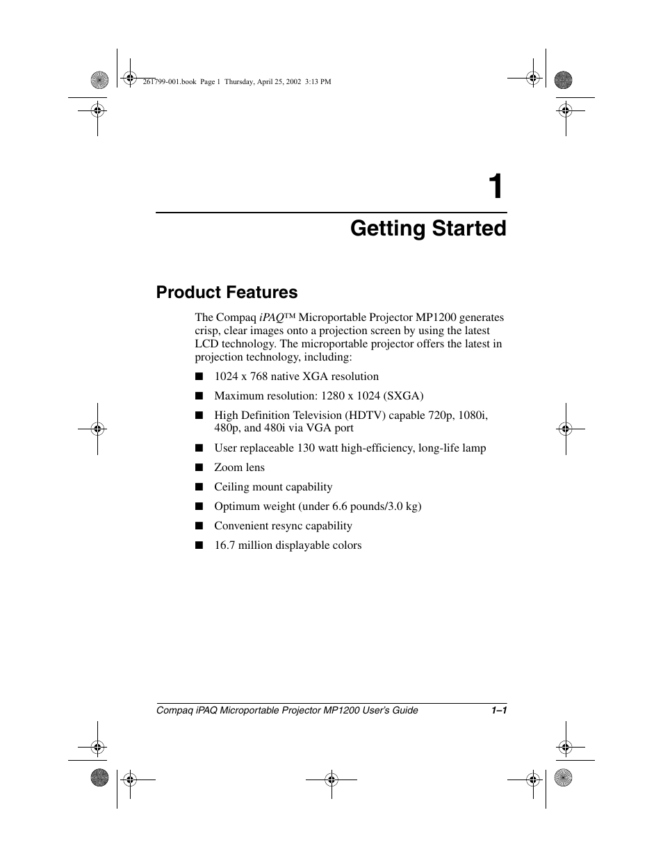 Getting started, Product features | Compaq MP1200 User Manual | Page 3 / 67