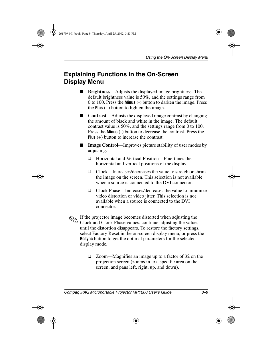 Explaining functions in the on-screen display menu | Compaq MP1200 User Manual | Page 31 / 67