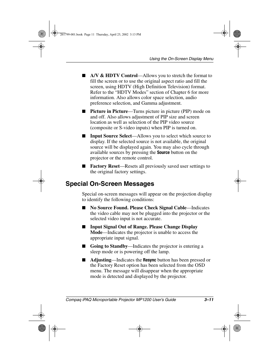 Special on-screen messages | Compaq MP1200 User Manual | Page 33 / 67