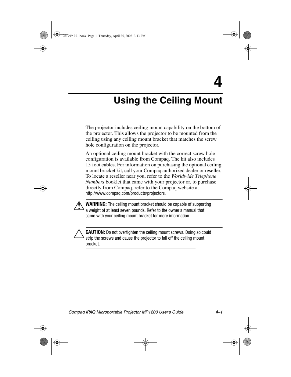 Using the ceiling mount | Compaq MP1200 User Manual | Page 35 / 67