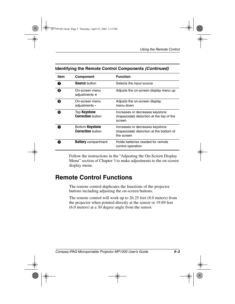 Remote control functions | Compaq MP1200 User Manual | Page 40 / 67