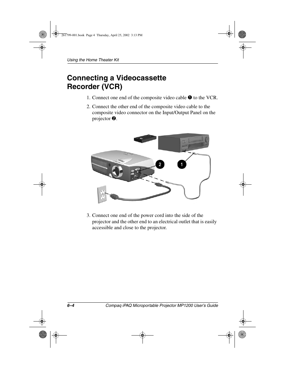 Connecting a videocassette recorder (vcr) | Compaq MP1200 User Manual | Page 44 / 67