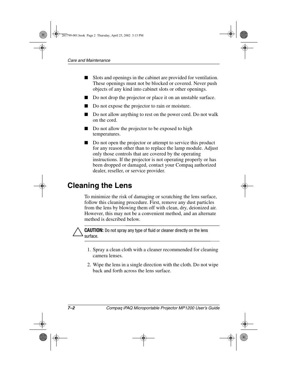 Cleaning the lens | Compaq MP1200 User Manual | Page 51 / 67