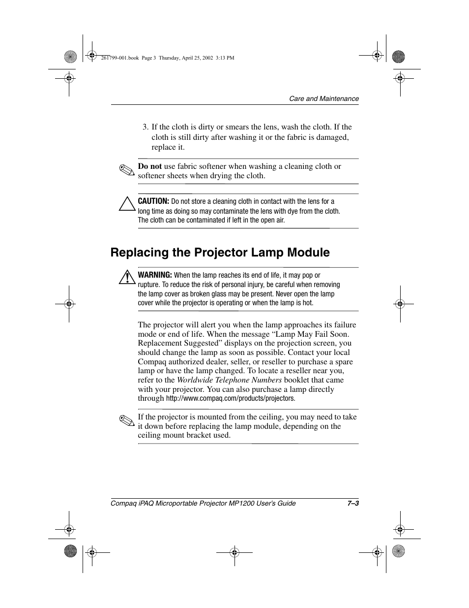 Replacing the projector lamp module | Compaq MP1200 User Manual | Page 52 / 67