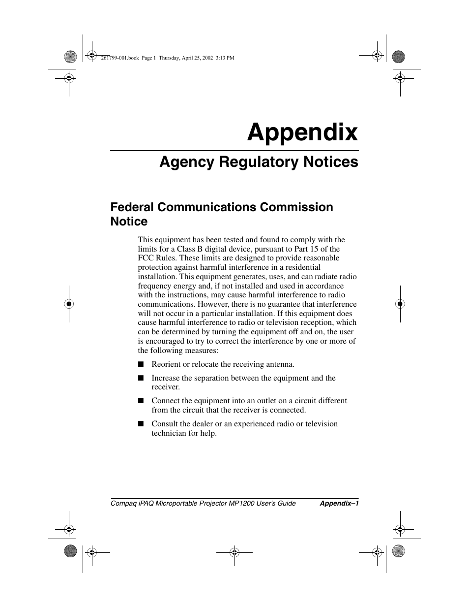Agency regulatory notices, Federal communications commission notice, Appendix | Compaq MP1200 User Manual | Page 64 / 67