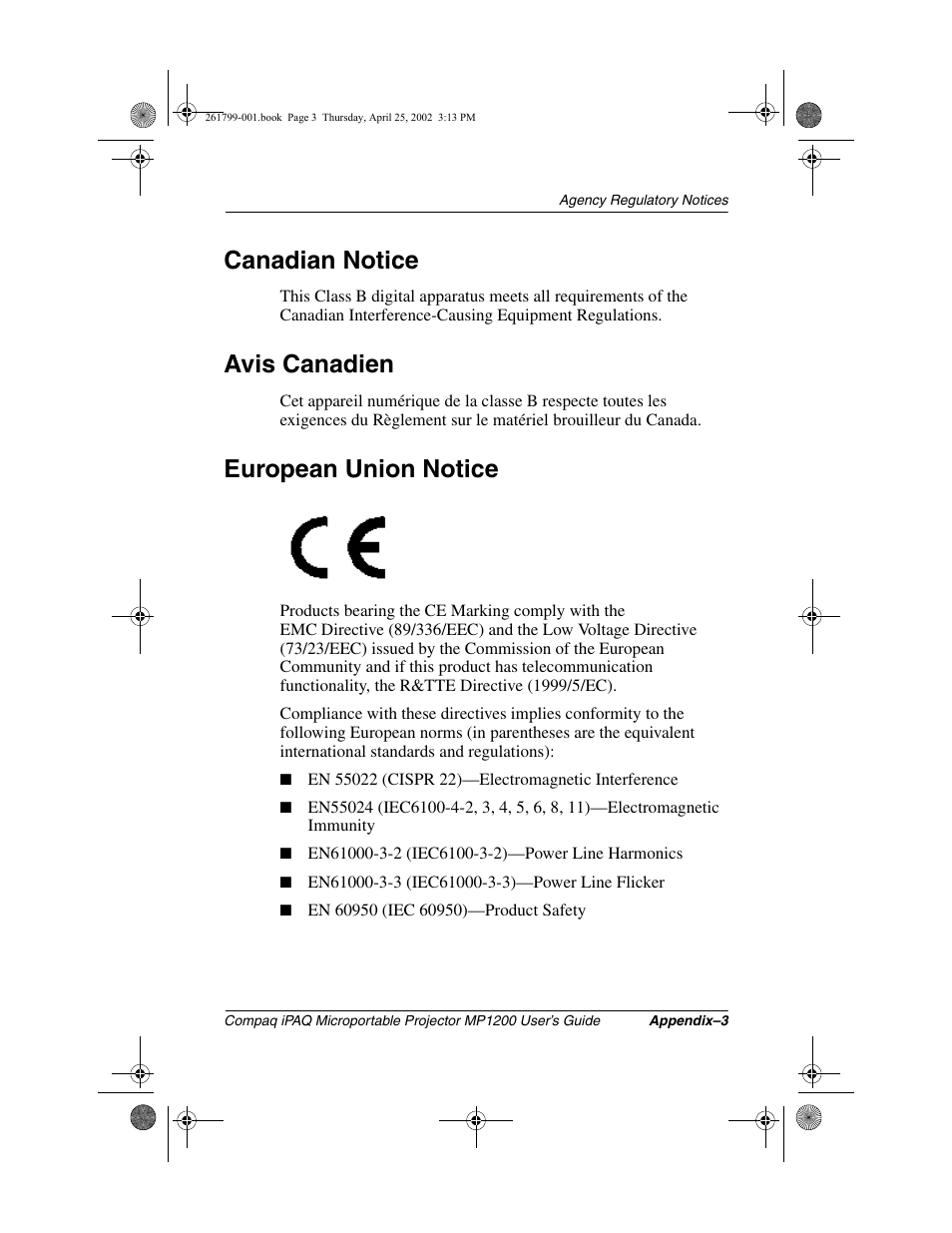 Canadian notice, Avis canadien, European union notice | Compaq MP1200 User Manual | Page 66 / 67