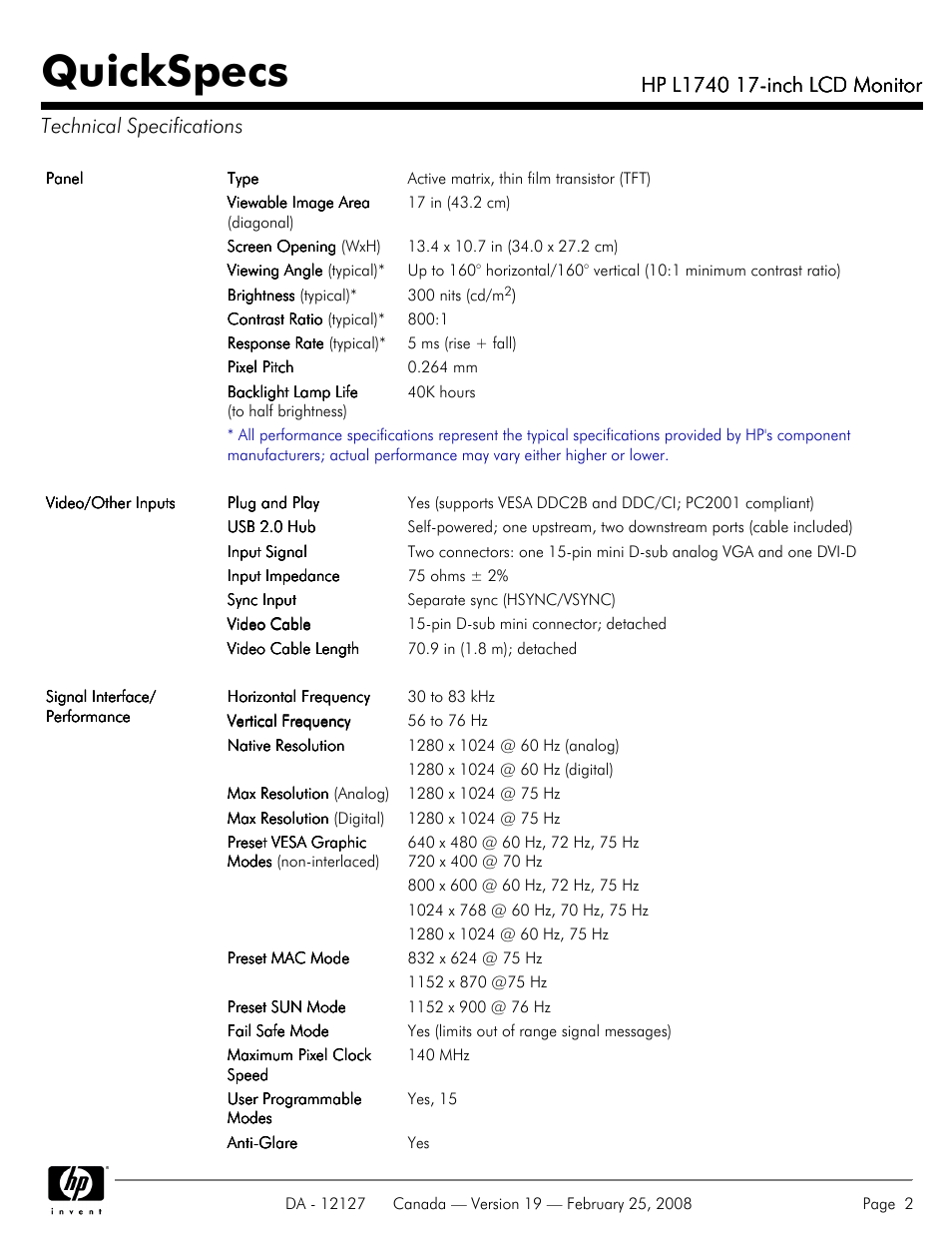 Technical specifications, Quickspecs | Compaq L1740 User Manual | Page 2 / 7