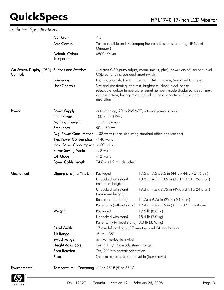 Quickspecs | Compaq L1740 User Manual | Page 3 / 7