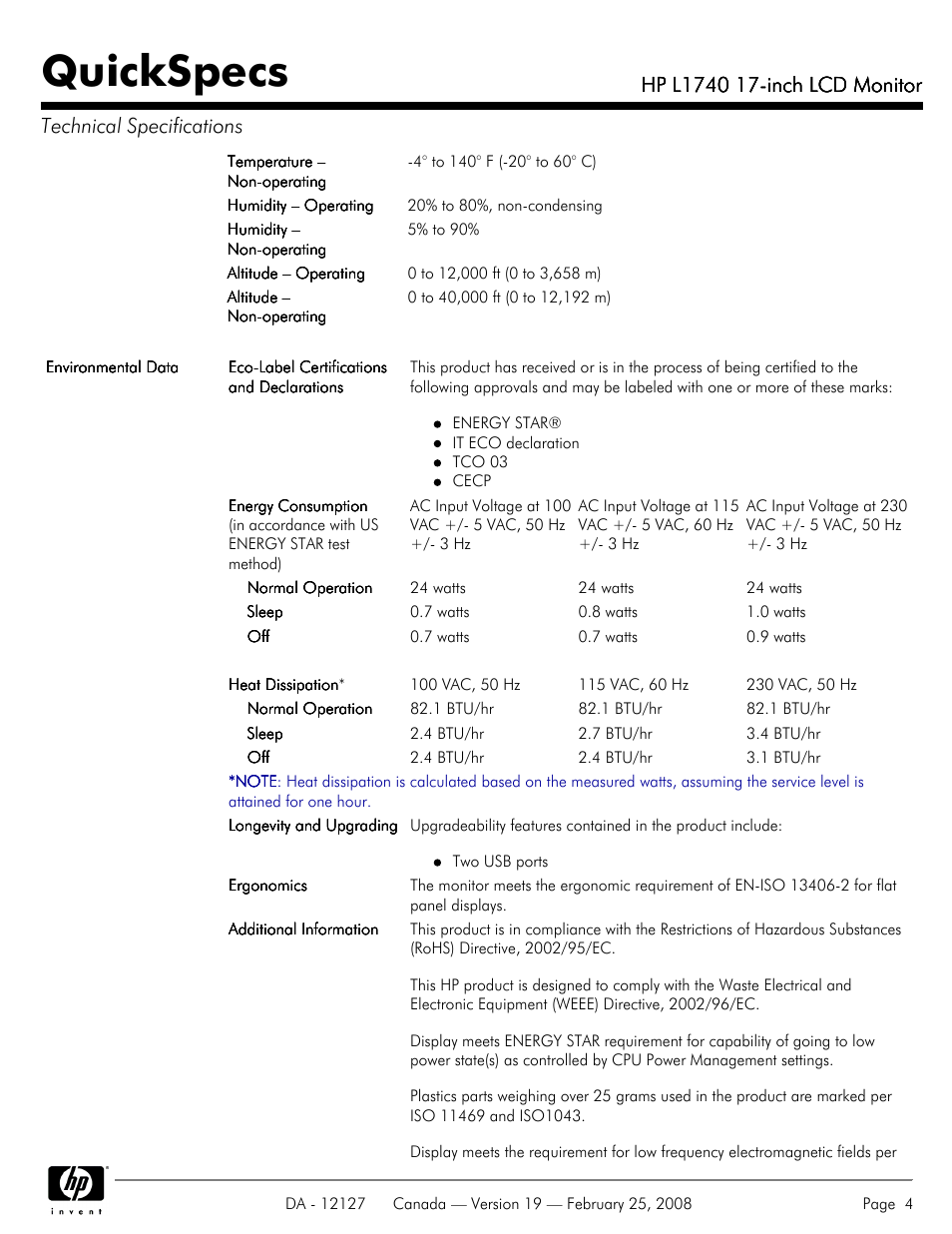 Quickspecs | Compaq L1740 User Manual | Page 4 / 7