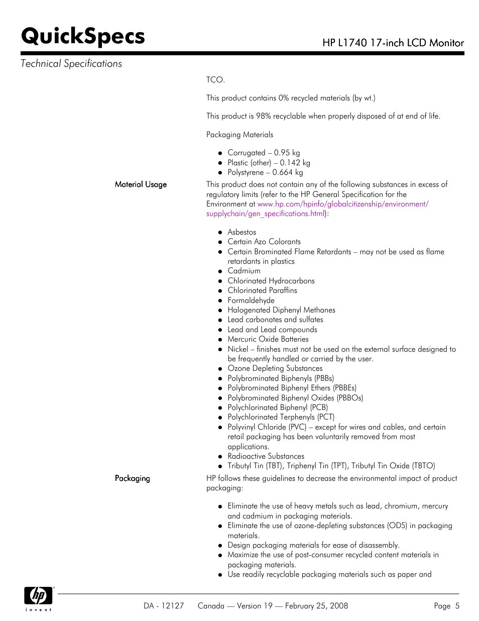 Quickspecs | Compaq L1740 User Manual | Page 5 / 7