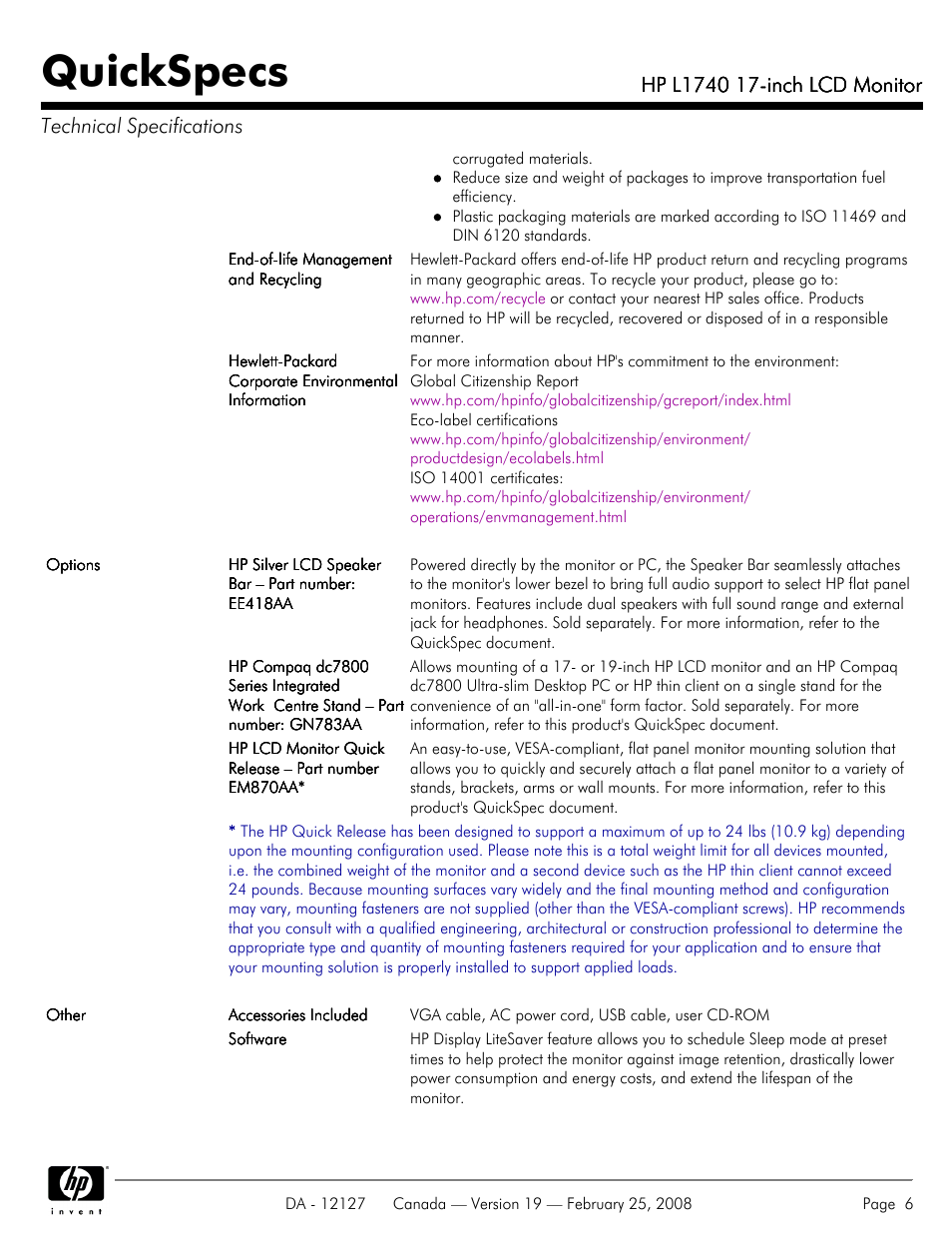 Quickspecs | Compaq L1740 User Manual | Page 6 / 7
