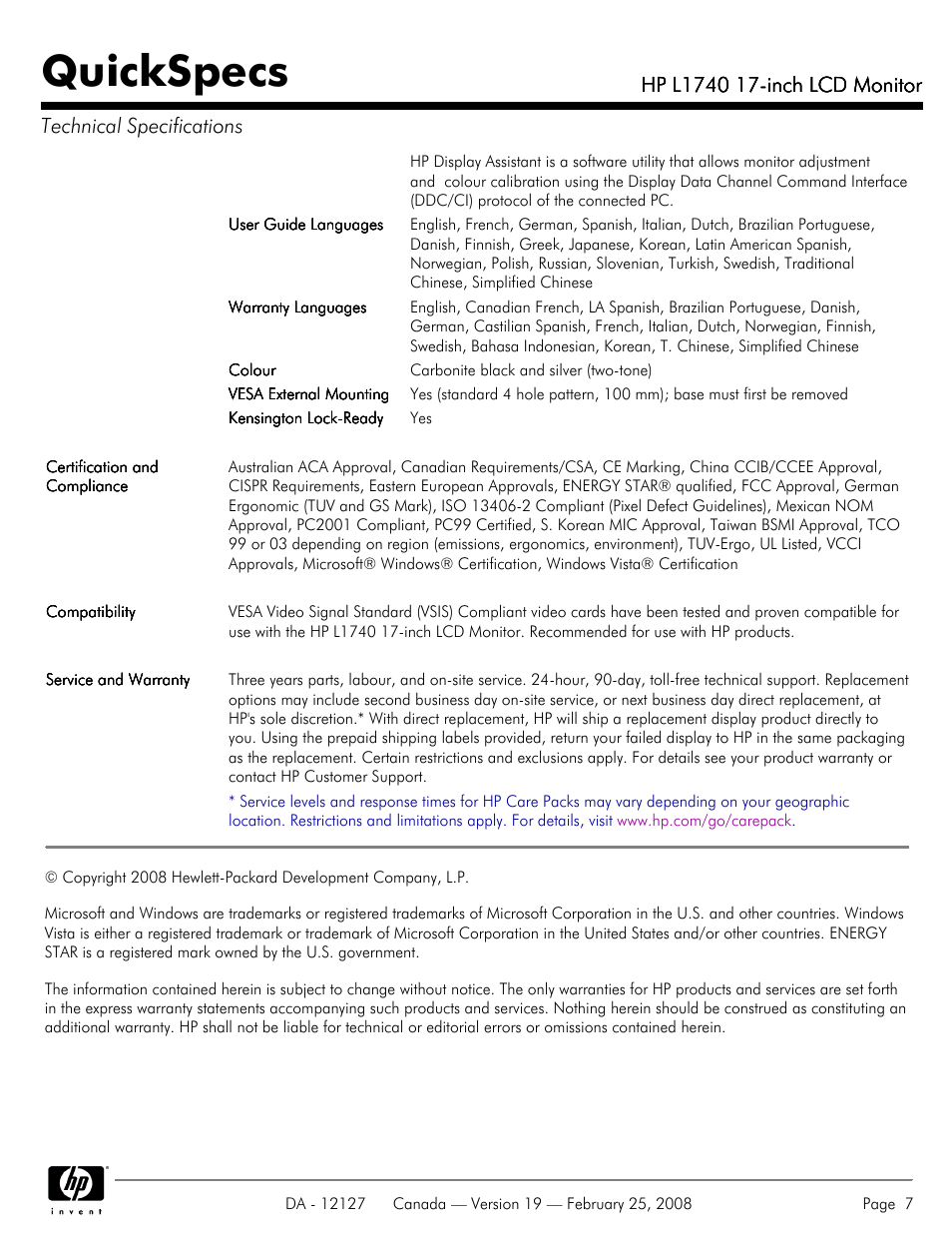 Quickspecs | Compaq L1740 User Manual | Page 7 / 7