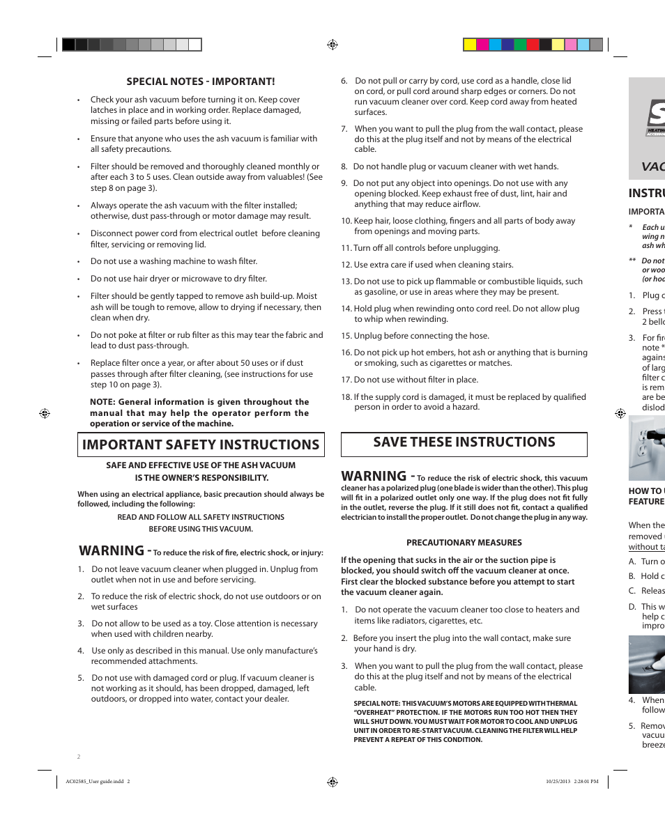 Important safety instructions, Warning, Save these instructions warning | Instructions for use, Ash vacuum | Osburn AC02582 User Manual | Page 2 / 12